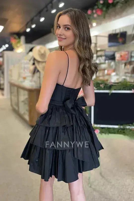 FannyWe Simple Chic Spaghetti Straps Sleeveless A-Line Ruffle Satin Homecoming Dress formal wear dresses